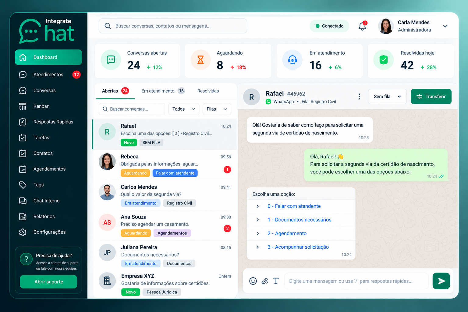 Interface do Integrate Chat com filas de atendimento e conversa pelo WhatsApp